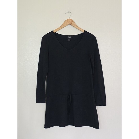EILEEN FISHER Sweater Silk Cashmere Tunic Cinched Long Sleeve Pullover Black XS - Picture 1 of 8